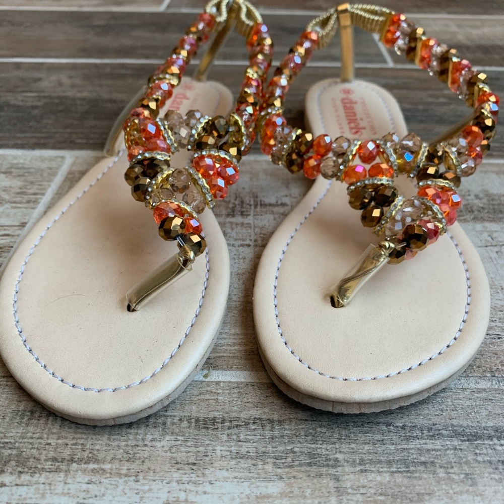✨SOLD Crystal Beaded Thong Sandals Orange & Brown - Picture 3 of 6